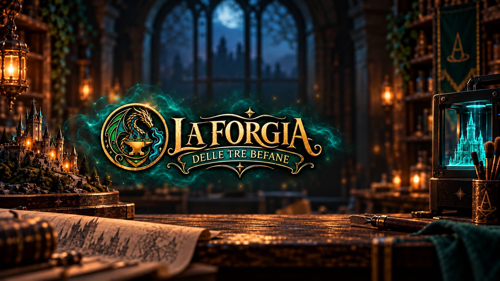 Il logo dorato della Forgia al centro di un laboratorio fantasy, tra luci calde e bagliori turchesi